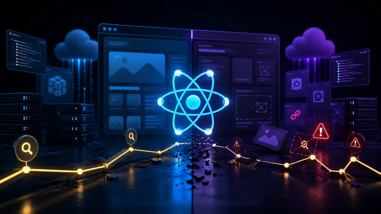 Illustration futuriste d'une migration React avec des blocs de code lumineux
