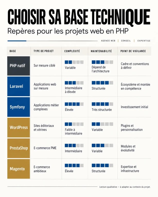 Comparatif des technologies utilisées par une agence web PHP selon le type de projet