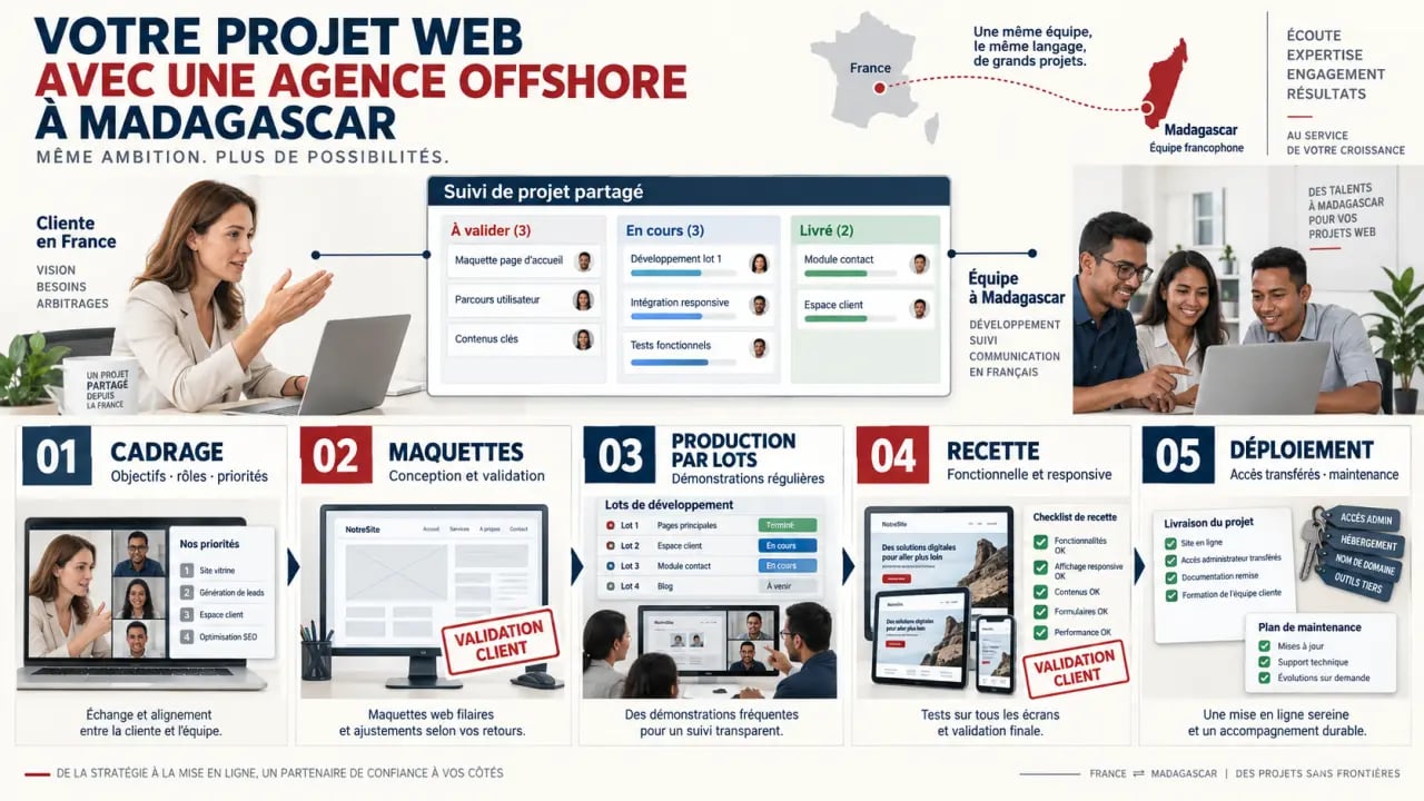 Étapes d'un projet avec une agence web offshore Madagascar, du cadrage au déploiement