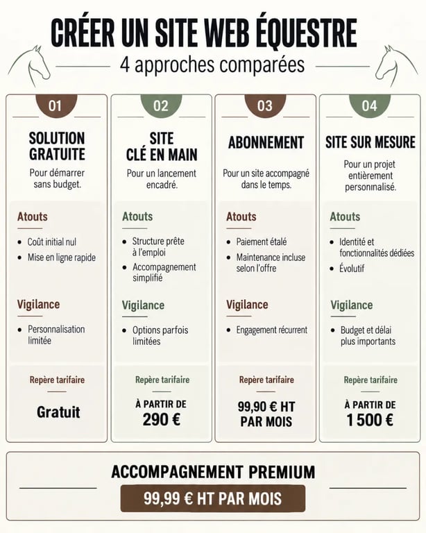 Comparatif des solutions de création de site web équestre et de leurs tarifs indicatifs