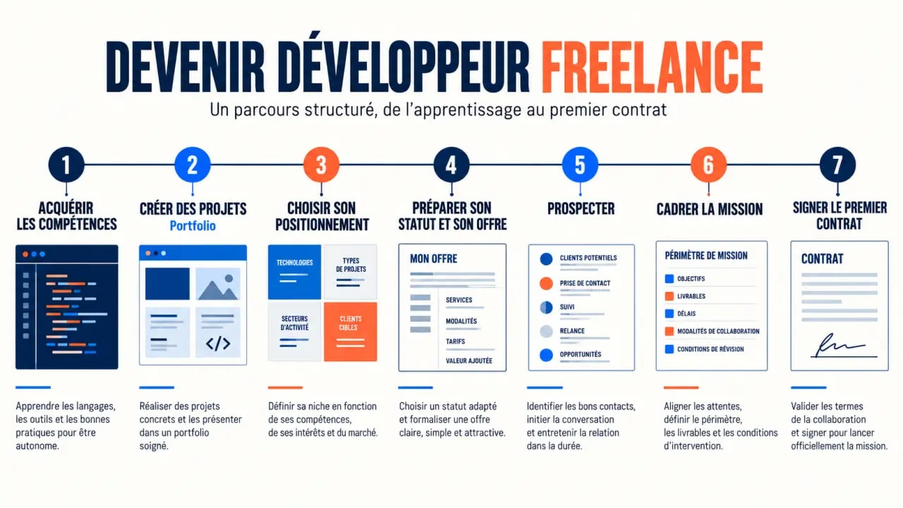 Parcours en étapes pour devenir développeur freelance, de la formation à la première mission