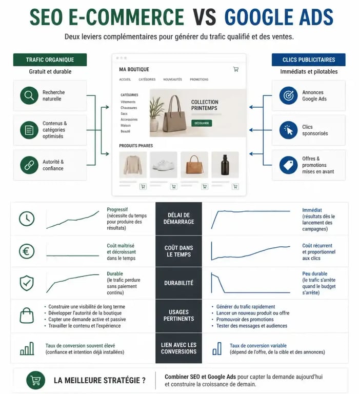 Consultant SEO e-commerce : comparaison visuelle entre référencement naturel et Google Ads