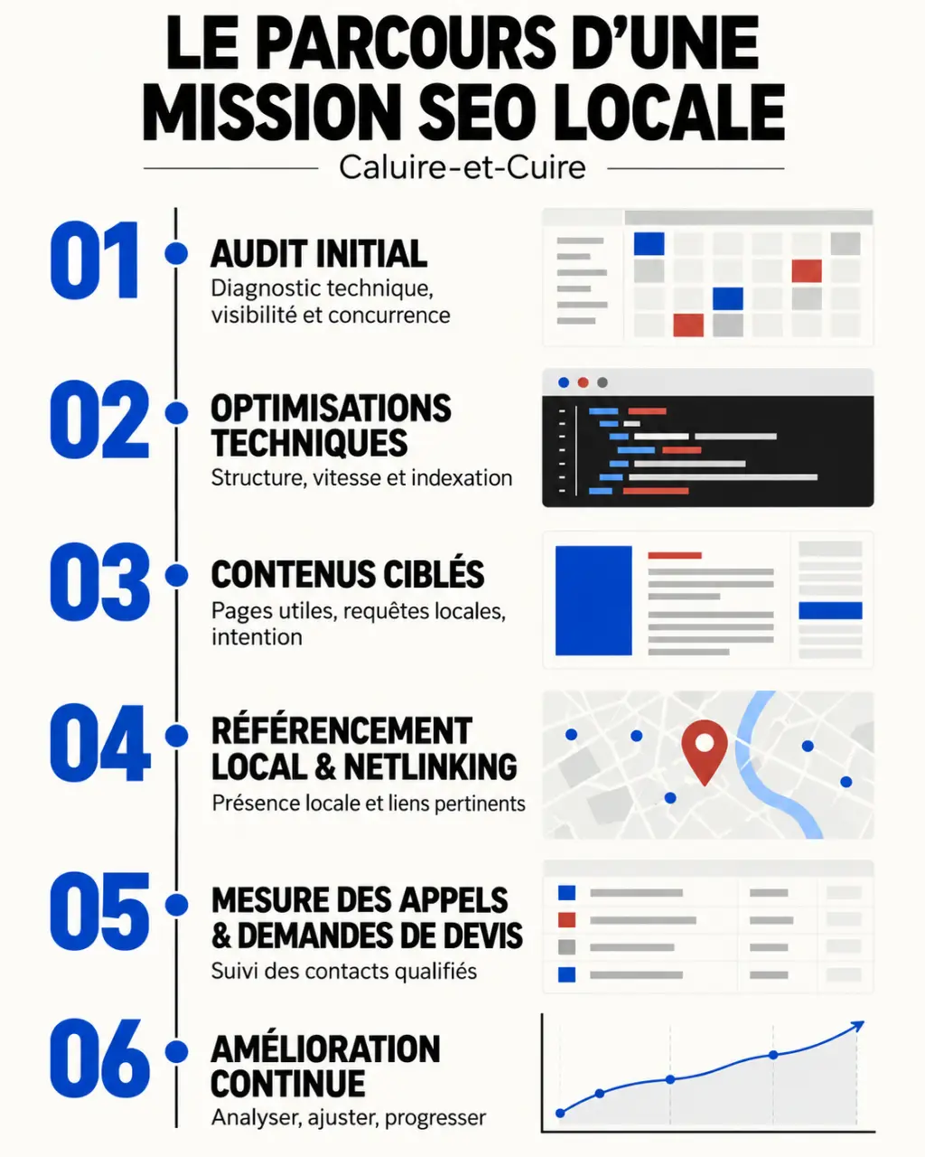 Infographie du parcours d'une agence SEO à Caluire-et-Cuire, de l'audit aux demandes de devis