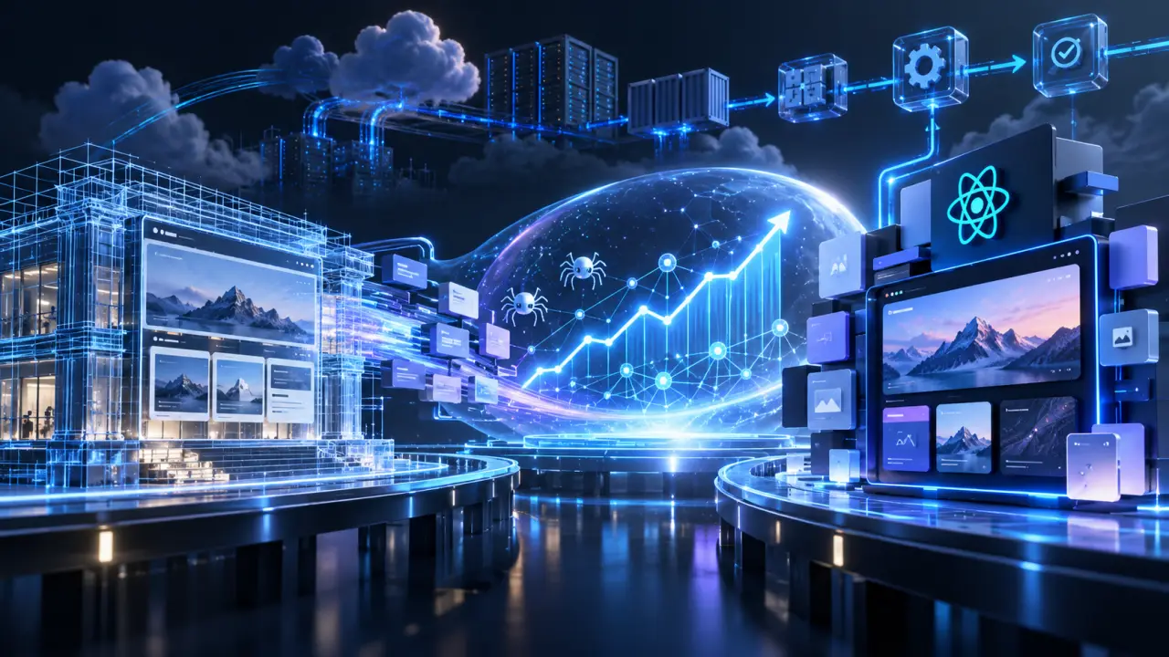 Architecture technique lumineuse représentant une migration vers React