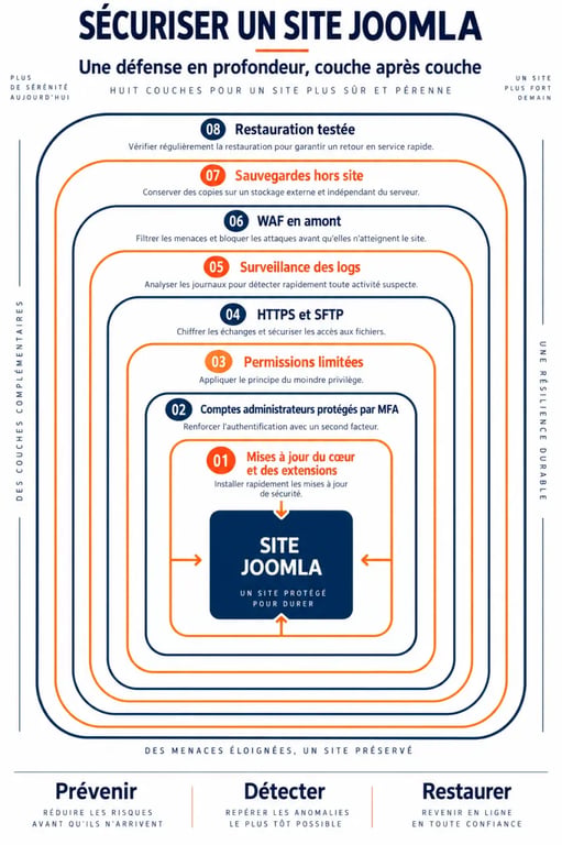 Infographie sur les couches essentielles de la sécurité Joomla