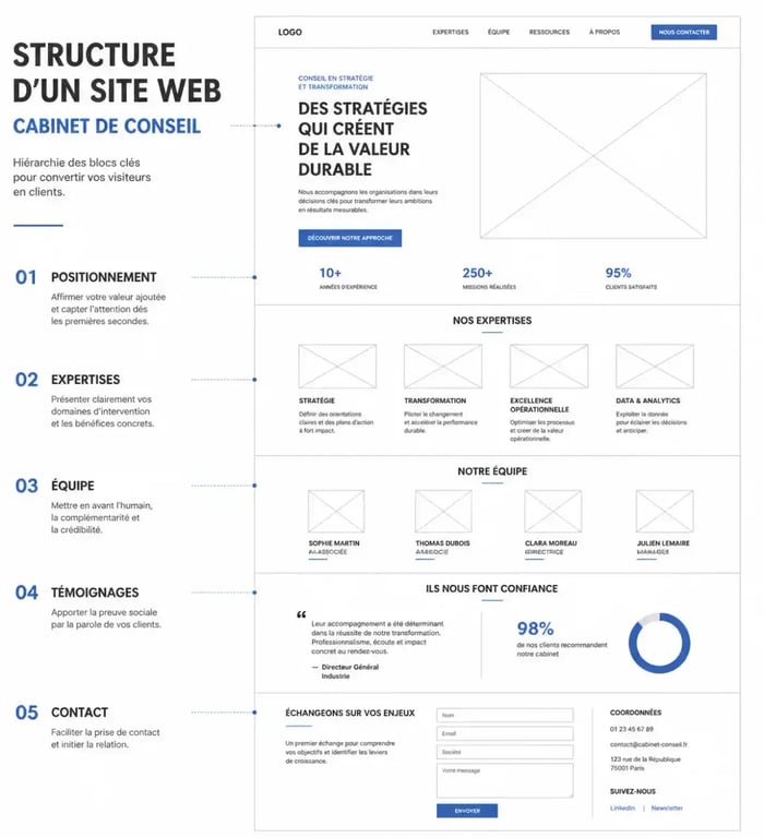 Structure d'un site web pour cabinet de conseil avec hiérarchie de blocs clairs