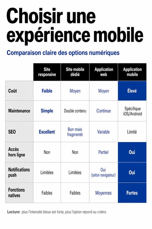 Website and mobile : tableau comparatif entre site responsive, site mobile dédié, application web et application mobile