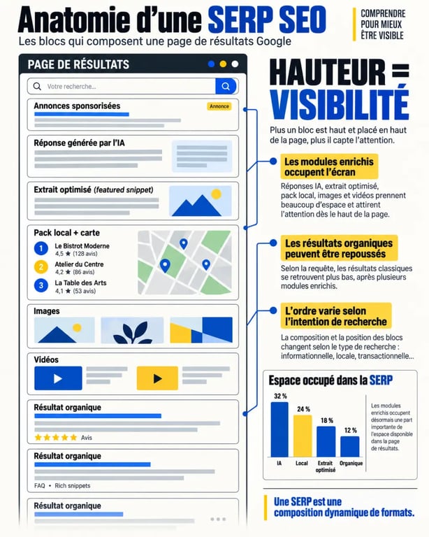 Infographie de la composition d’une SERP SEO Google avec résultats organiques, annonces et blocs enrichis