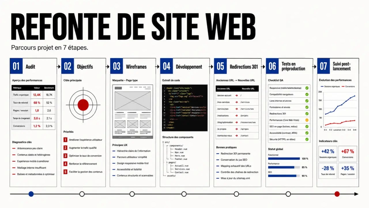 Refonte de site web illustrée par les étapes audit, conception, développement, redirections 301 et suivi