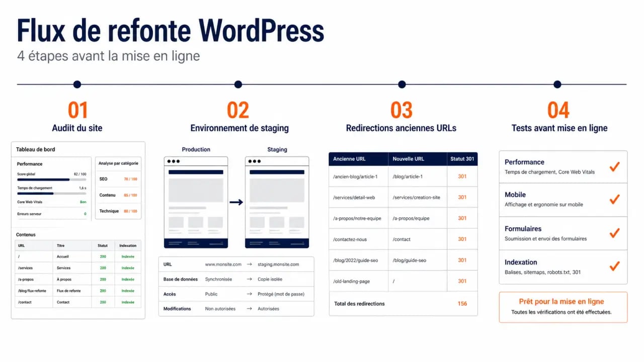 Refonte wordpress illustrée par un flux en 4 étapes: audit, staging, redirections et tests avant mise en ligne