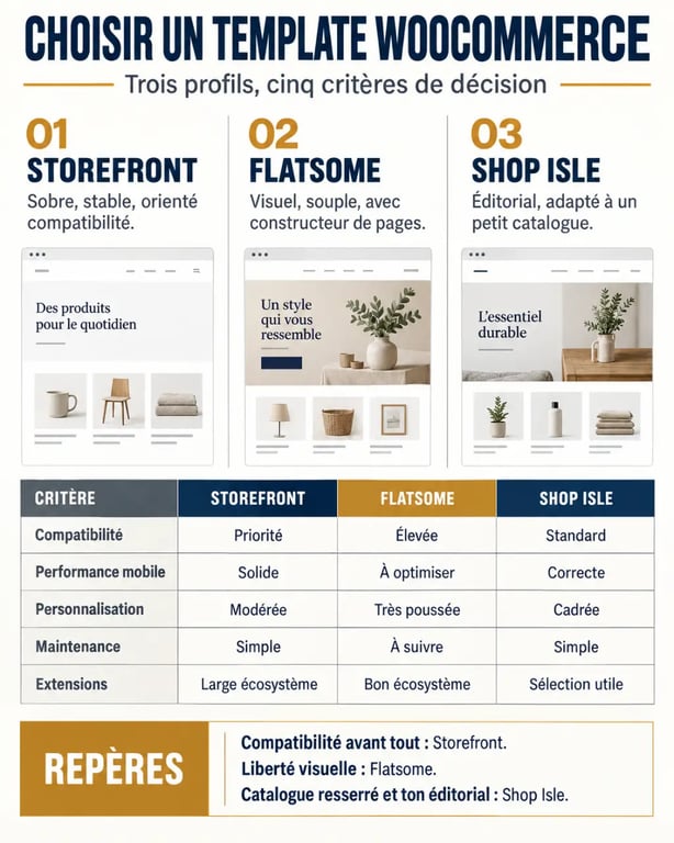Infographie comparative des principaux templates WooCommerce WordPress et de leurs critères de choix