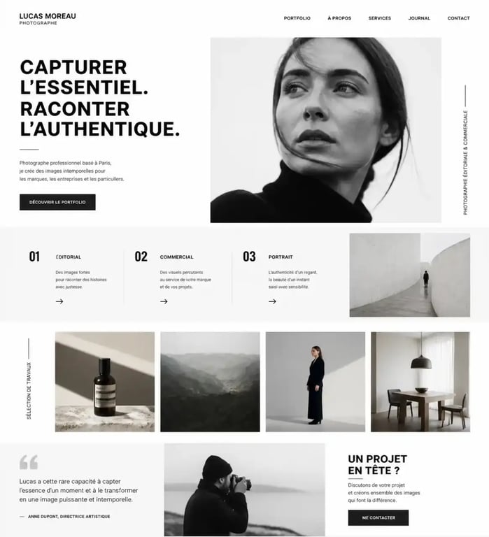 Exemple de mise en page de site pour les photographes avec une structure épurée
