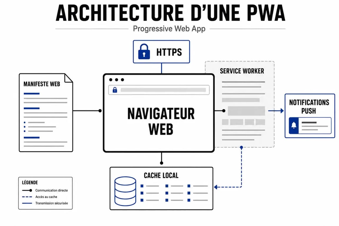 Schéma d’une progressive web app montrant service worker, manifeste, HTTPS et notifications push