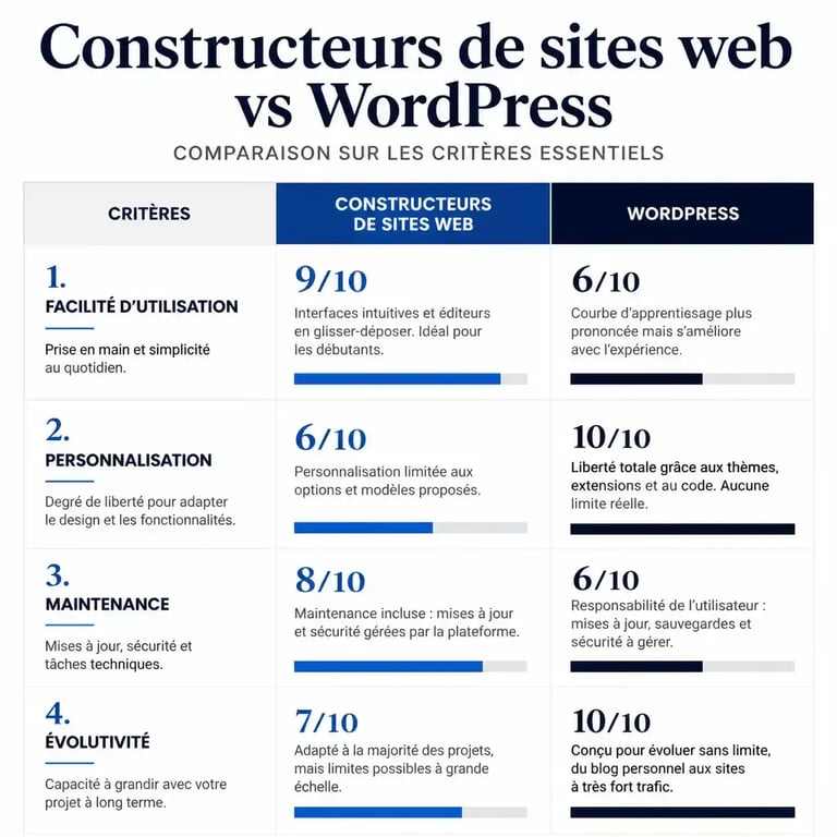 Comparatif visuel entre créateur de site et WordPress pour un site vitrine