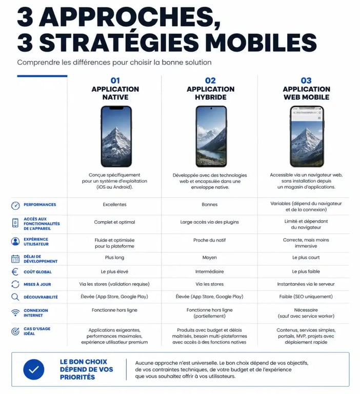 Comparatif application native, hybride et web mobile pour un développeur web mobile