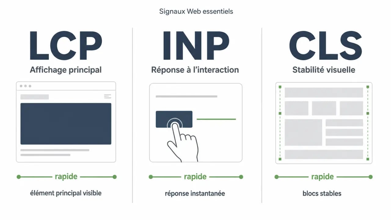 Schéma des web core vitals LCP, INP et CLS en composition éditoriale