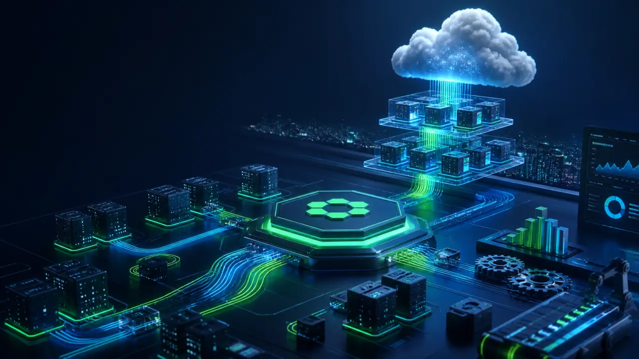 Composition 3D futuriste de blocs de code formant une architecture logicielle lumineuse