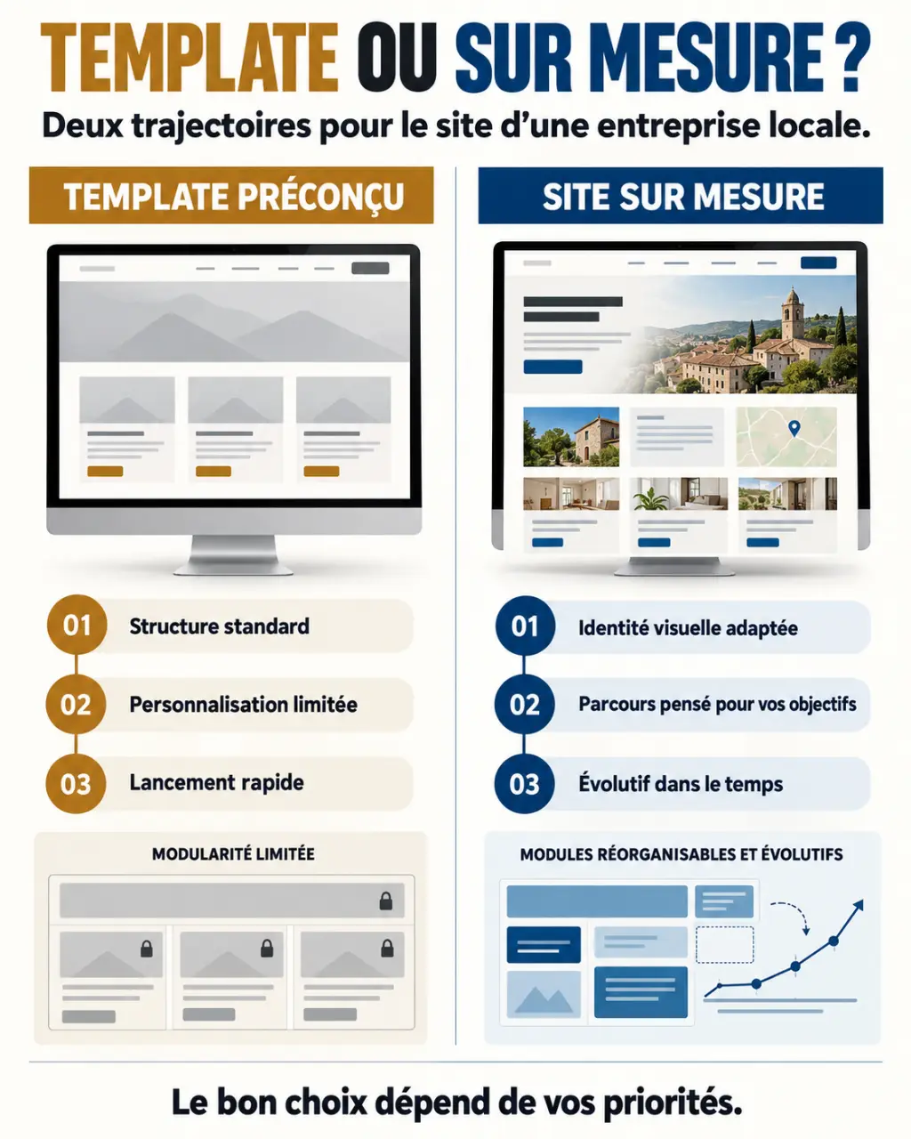 Infographie sur la création de site internet Saint-Étienne : template préconçu ou site sur mesure