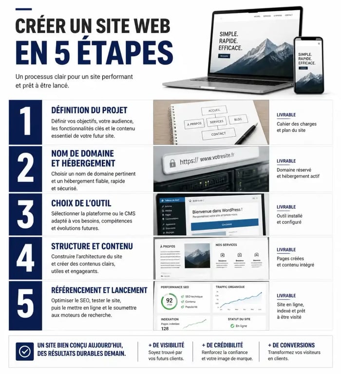 Infographie des 5 étapes pour créer un site vitrine professionnel
