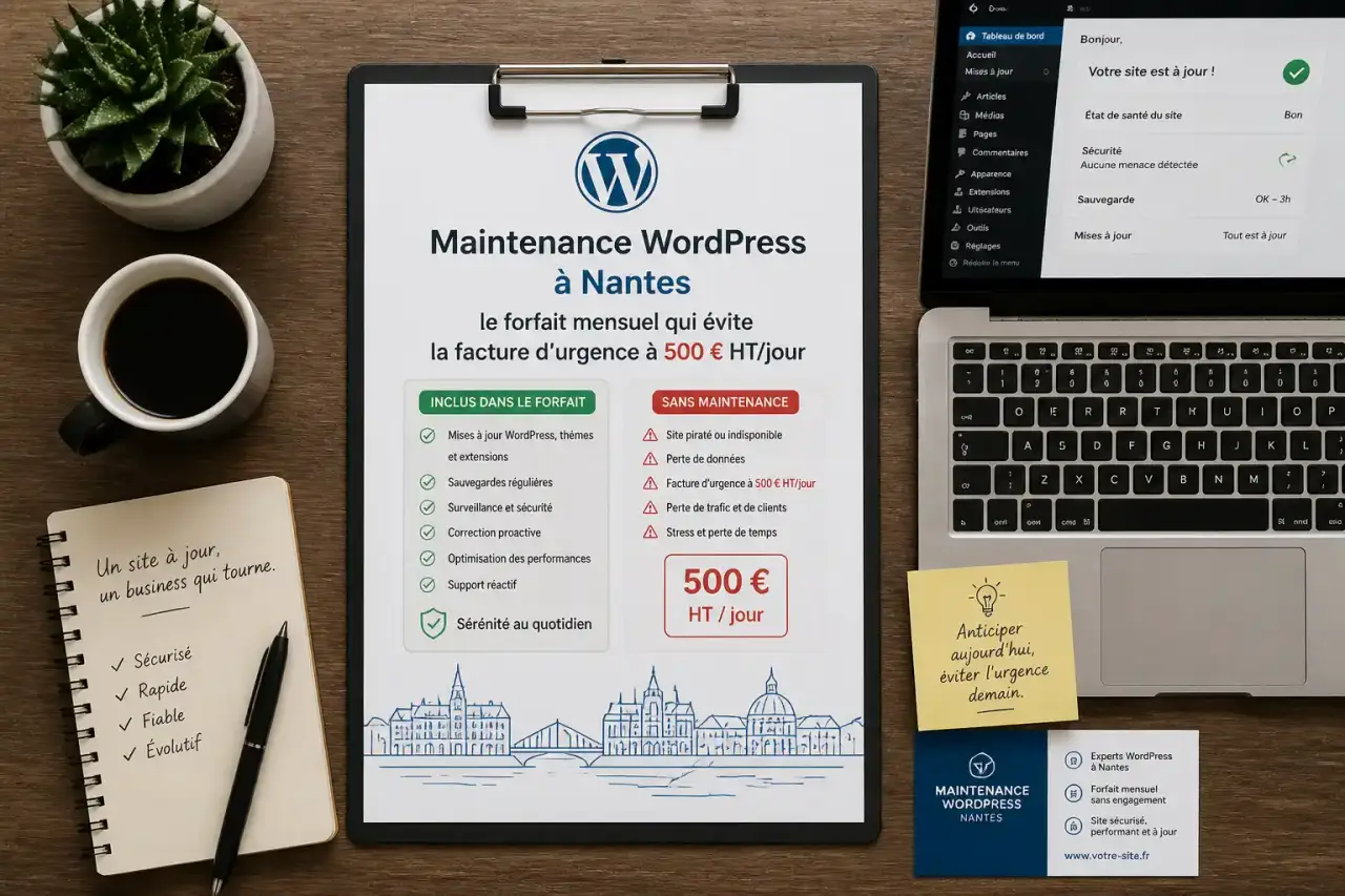 Maintenance WordPress à Nantes : le forfait mensuel qui évite la facture d'urgence à 500 € HT/jour