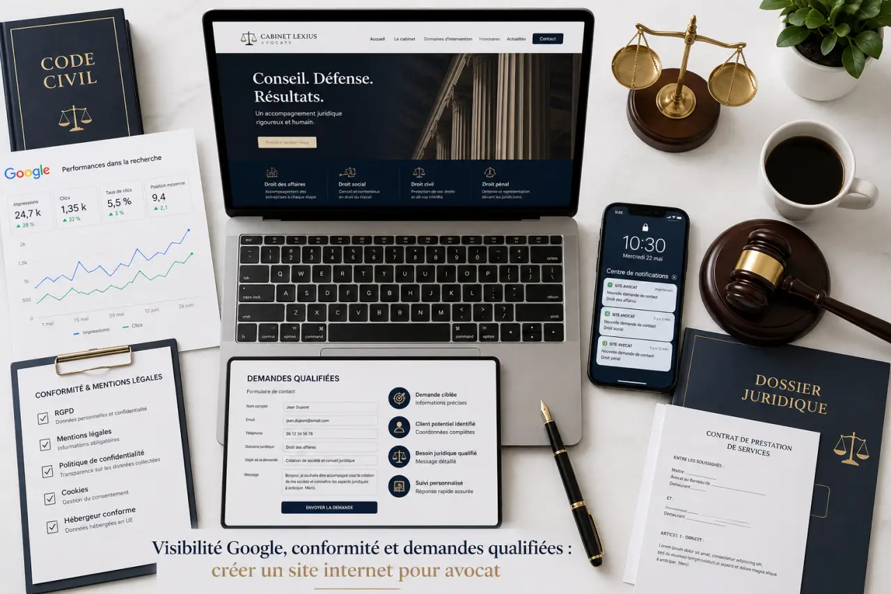 Visibilité Google, conformité et demandes qualifiées : créer un site internet pour avocat